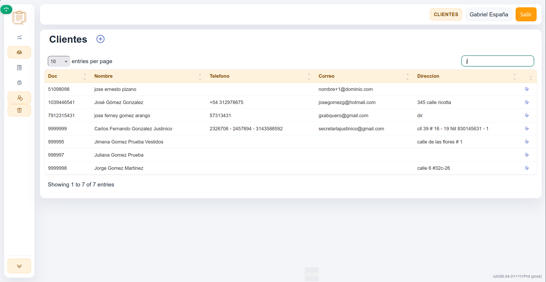 Ficha de cliente con datos de contacto y prendas